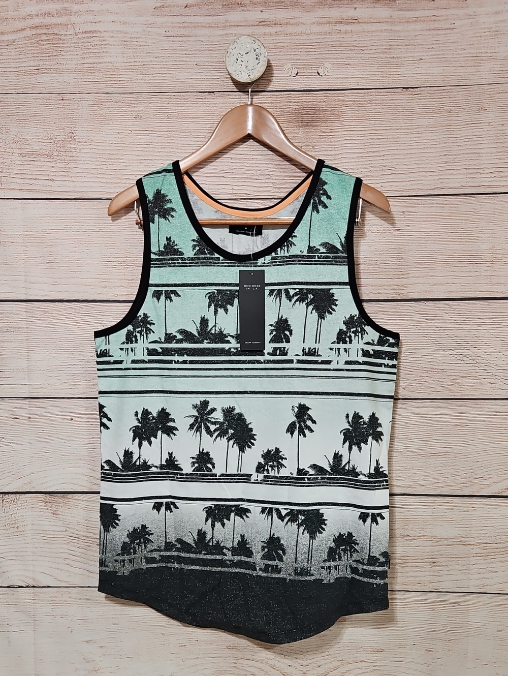 Ocean Current Seafoam and Black Palm-Print Tank Top Medium